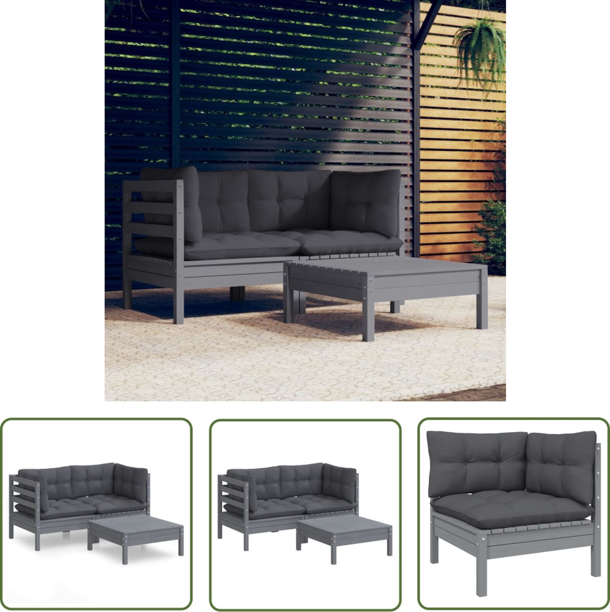 The Living Store 3-delige Loungeset met antracietkleurige kussens grenenhout - Loungeset - Tuinset - Houten Lounge - Buitendecoratie - Tuinlounge