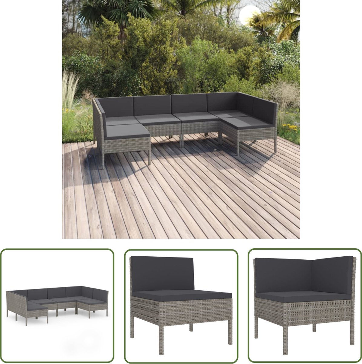 Grijze poly rattan loungeset met kussens voor buiten - The Living Store.