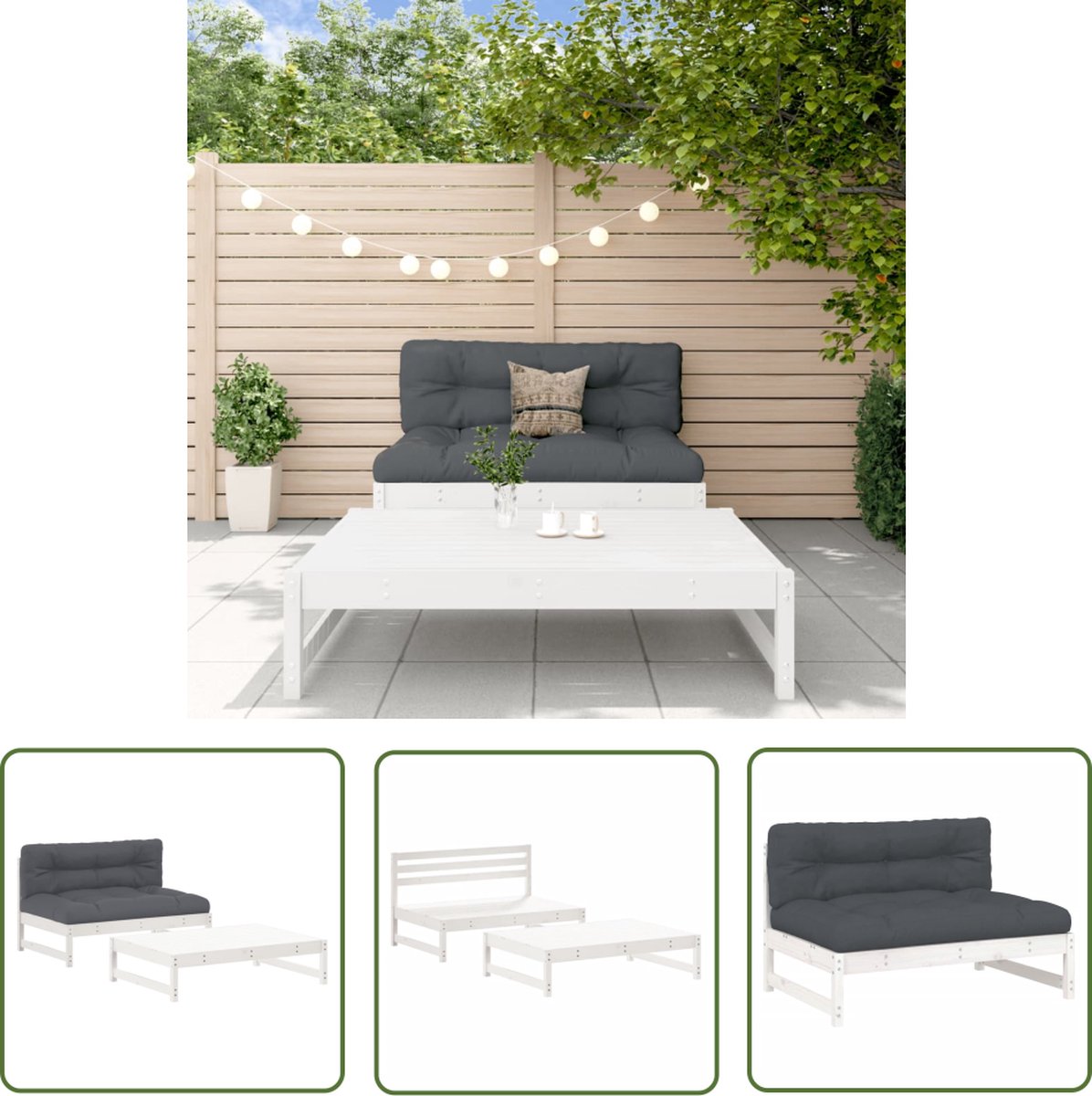 The Living Store 2-delige Loungeset met kussens massief hout wit - Loungeset - Lounge Set - Tuinlounge - Teak Loungestoel - Outdoor Furniture