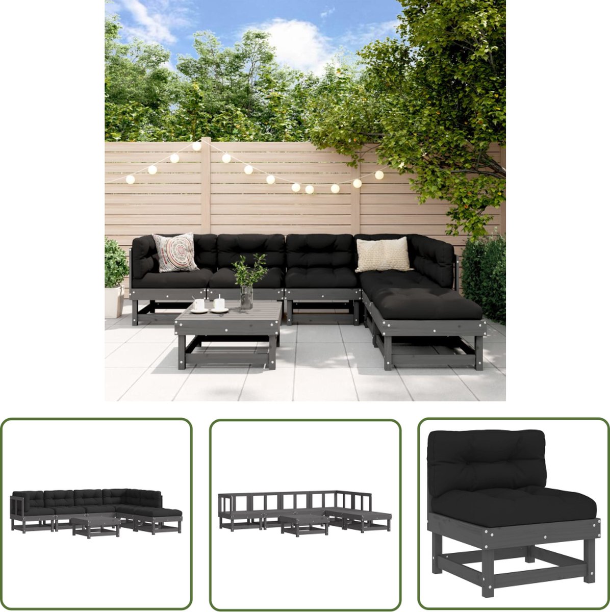 The Living Store 7-delige Loungeset met kussens massief hout grijs - Loungeset - Tuinset - Tuinmeubilair - Lounge Stoel - Teak Hout