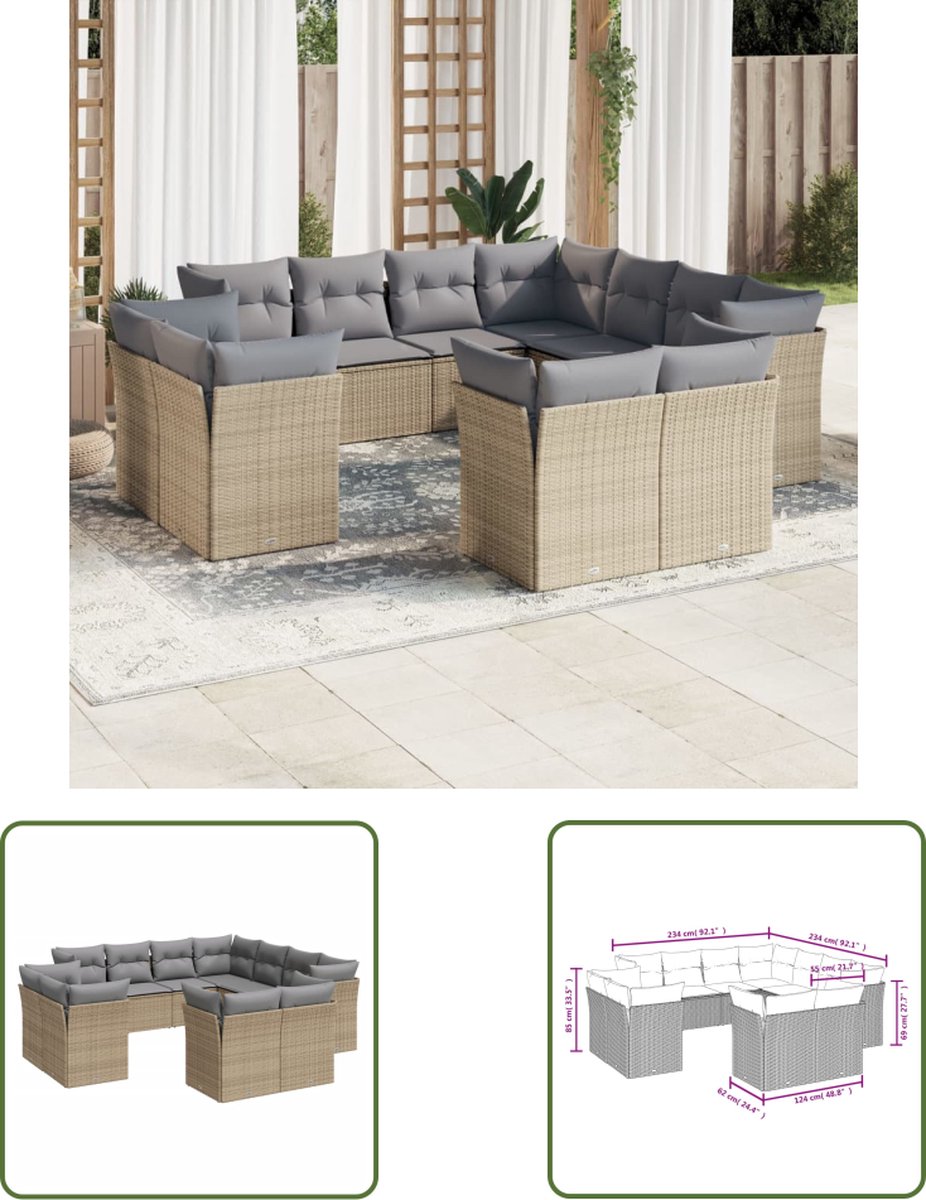 The Living Store 11-delige Tuinset met kussens poly rattan beige - Loungeset - Tuinmeubels - Lounge Set - Pe Rattan - Modulair Design