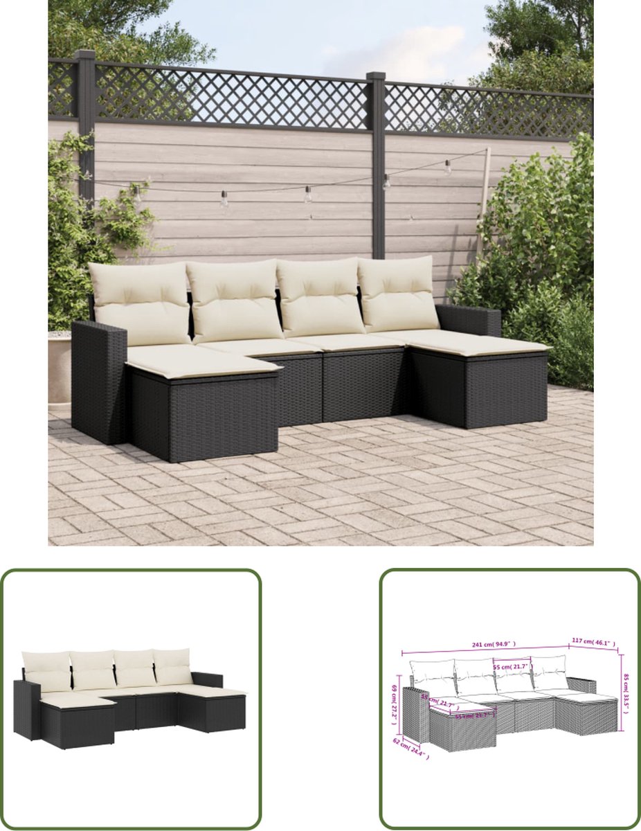 The Living Store 6-delige Loungeset met kussens poly rattan zwart - Loungebank - Tuinset - Lounge Set - Buitendecoratie - Tuinmeubels