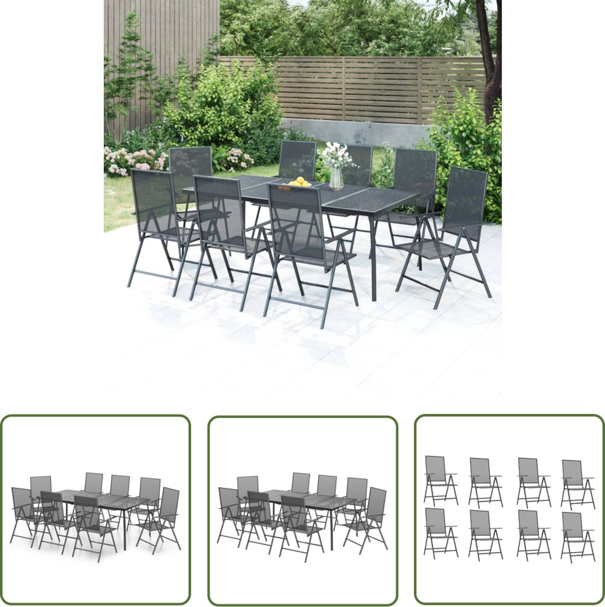 Moderne antracietkleurige tuinset met bank, lounge set en tafels - The Living Store.