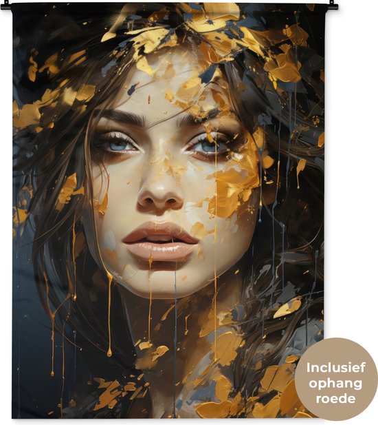 Wandkleed 120x160 cm - Wanddoek Vrouw - Portret - Abstract - Kunst - Goud - Wandtapijt - Wandkleden