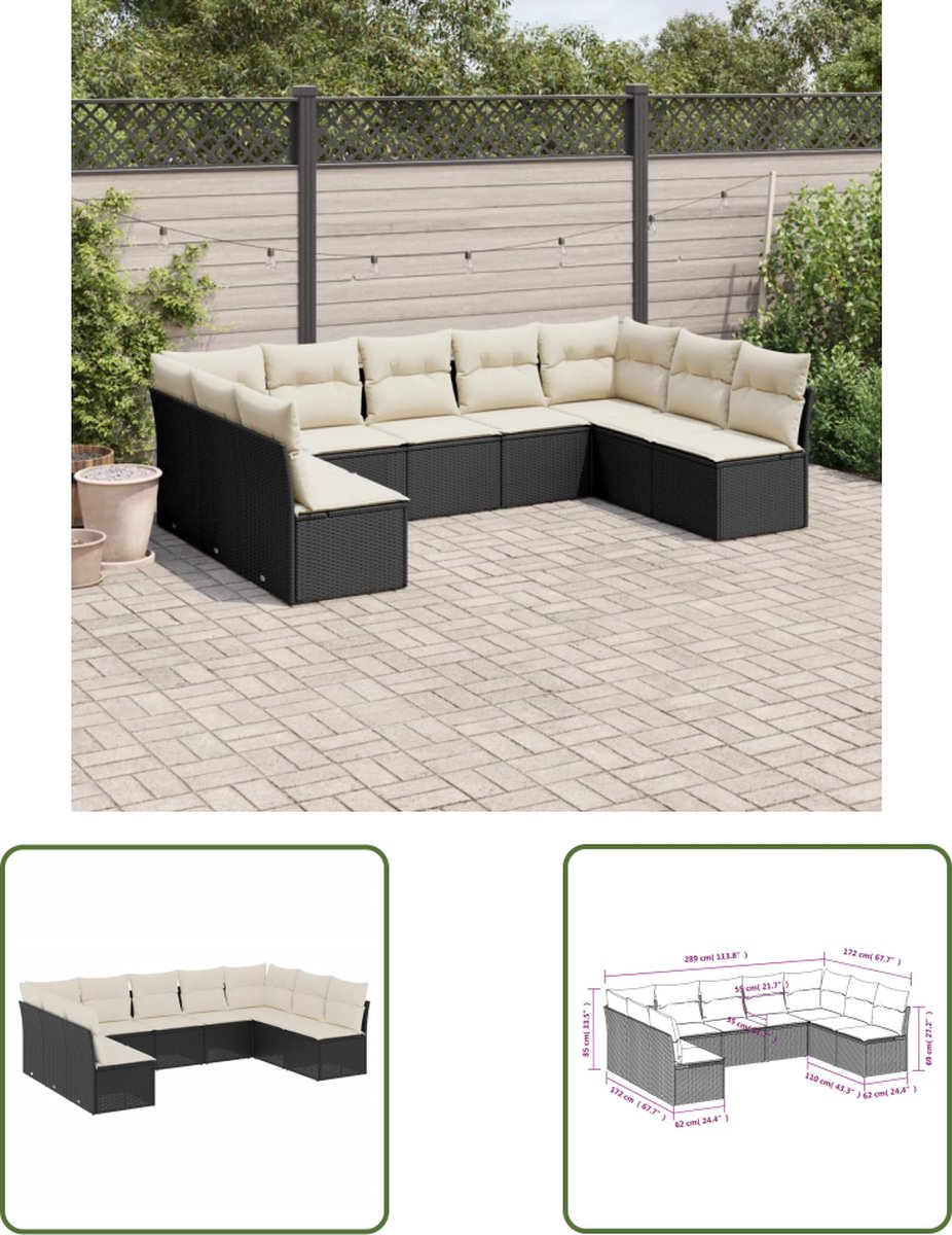 The Living Store 9-delige Loungeset met kussens poly rattan zwart - Loungebank - Tuinset - Lounge Set - Outdoor Furniture - Garden Furniture
