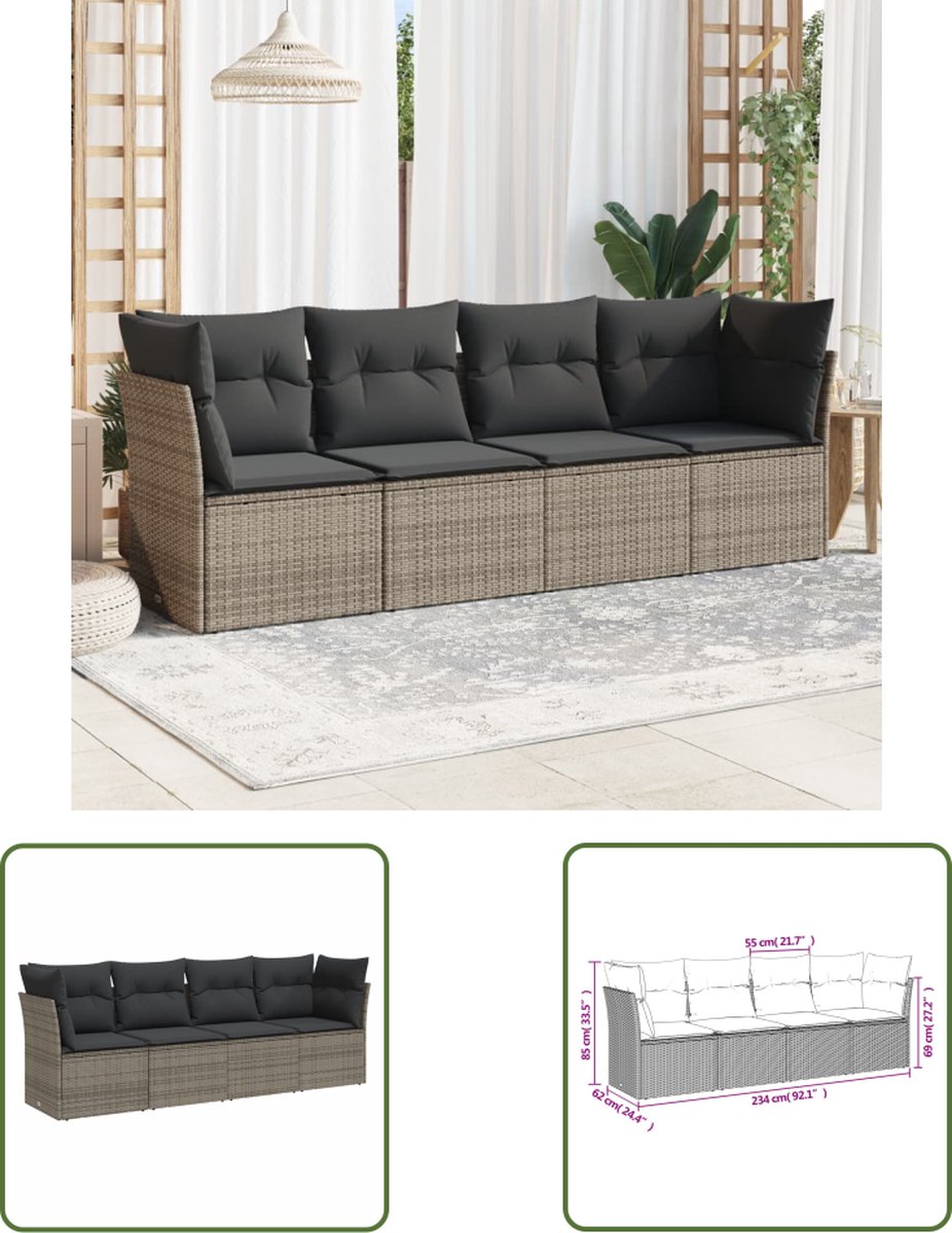 Poly rattan grijze loungeset met kussens voor tuin en terras.