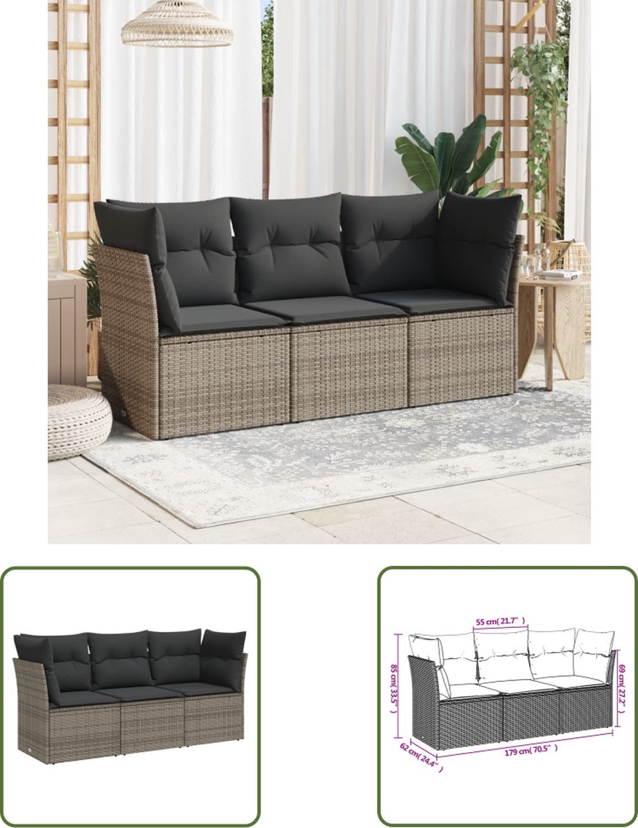 Grijze poly rattan loungeset met kussens voor buiten.