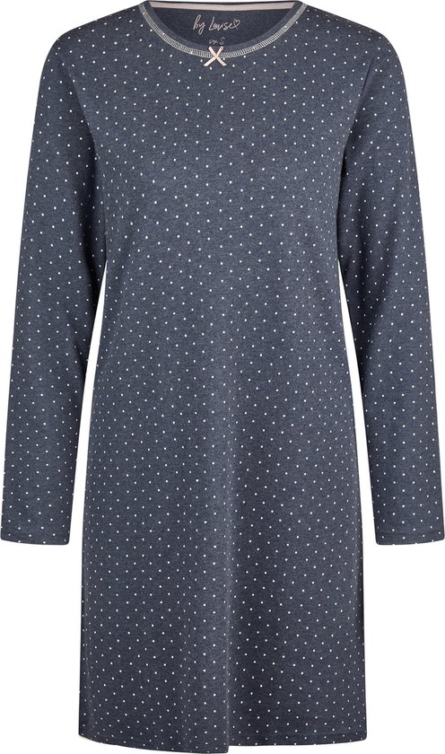 Donkerblauw nachthemd met lange mouwen en witte stippen, met strikje bij de halslijn.