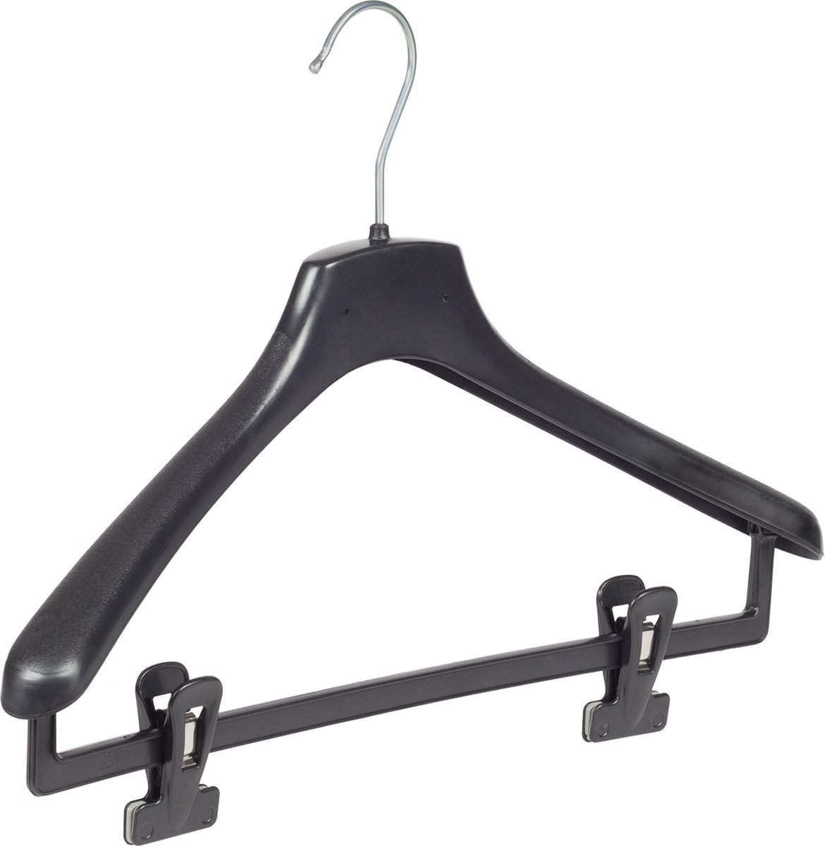 De Kledinghanger Gigant - Mantelhanger - Kostuumhanger - Jassenhanger - Volwassenen - FR40 - 10 Stuks - Kunststof - Zwart - Gebogen Model - Schouderverbreding 3,3 cm - Anti-slip Knijpers - 40 cm - Kledinghanger - Kleerhanger - FR-Serie