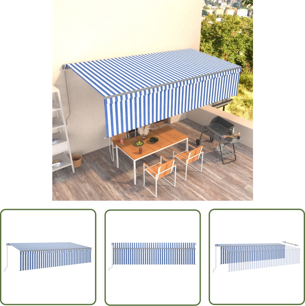 Retractable blue and white outdoor awning with roller blind, measuring 6x3 meters - Featuring The Living Store branding.