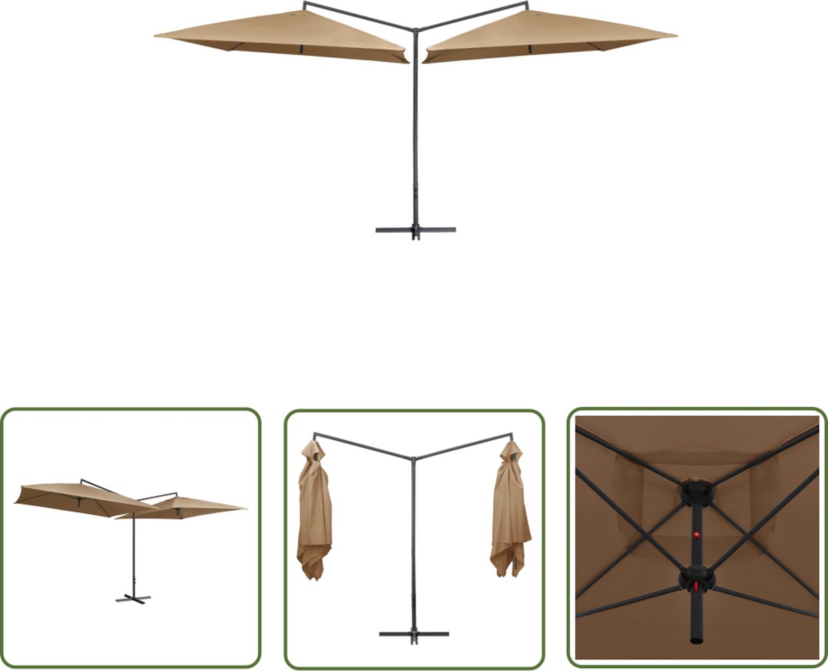 Dubbele taupe parasol met stalen paal, afmetingen 250x250 cm van The Living Store.