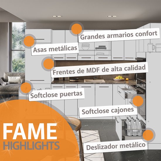 Vicco Fame- Line Meuble de cuisine complet – 200 cm, WB Chêne Anthracite Country House/ Goud Kraft Oak, WB Chêne