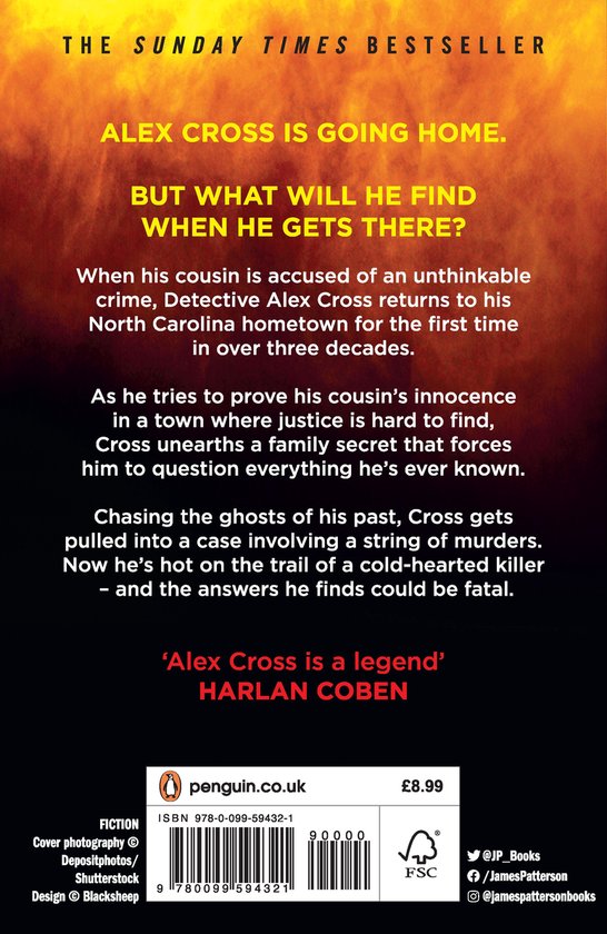 De achterkant van het boek 'Cross Justice' met tekst over de plot en recensies. Geel en oranje abstracte achtergrond.