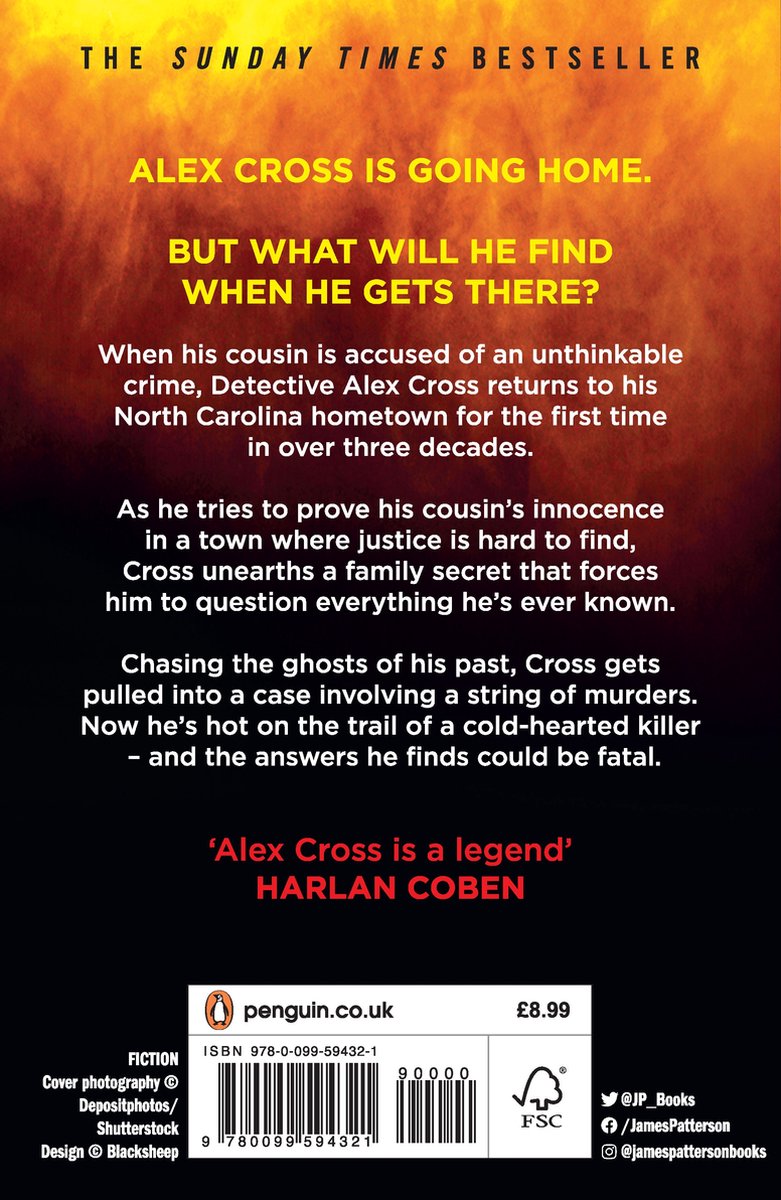 De achterkant van het boek 'Cross Justice' met tekst over de plot en recensies. Geel en oranje abstracte achtergrond.