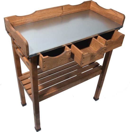 Tavolo Da Lavoro In Legno Di Pino Con Piano Zincato - 80x40x117 Cm | Con Ripiano, 3 Cassetti E Ganci - Foto 8