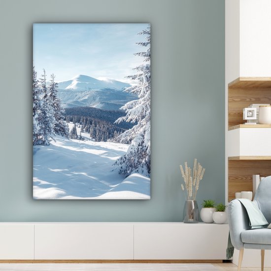 Peinture sur toile 80x120 cm - Décoration murale Paysage d'hiver - Nature - Berg - Arbres - Neige - Décoration murale salon - Décoration chambre - Accessoires de chambre - Peintures