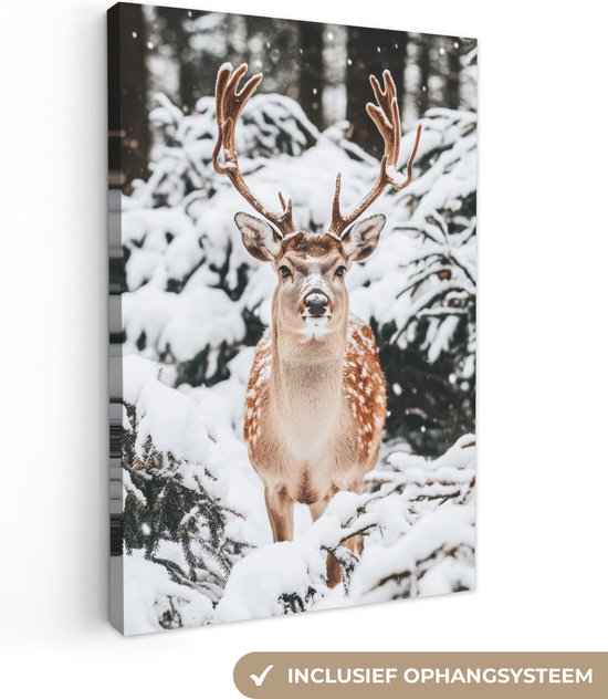 Peinture sur toile 60x90 cm - Décoration murale Cerf - Neige - Hiver - Forêt - Animaux - Décoration murale murale salon - Décoration chambre - Accessoires de chambre - Peintures