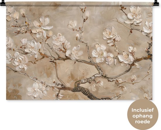 Wandkleed 90x60 cm - Wanddoek Bloemen - Modern - Beige - Wit - Bloesem - Wandtapijt - Wandkleden