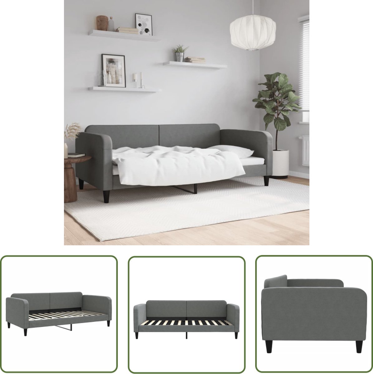 The Living Store Slaapbank - Stof - Donkergrijs - 223x110x75 cm - Multiplex lattenbodem