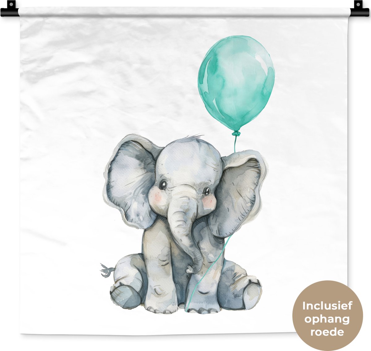 Wandkleed 60x60 cm - Wanddoek Olifant - Baby - Dieren - Blauwe ballon - Wandtapijt - Wandkleden