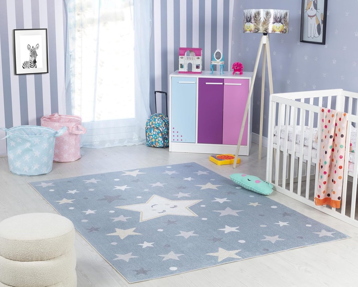 Goodivery ® Speelse Kindervloerkleed voor Kinderkamer of Babyruimte in Blauwe en Grijze Kleuren