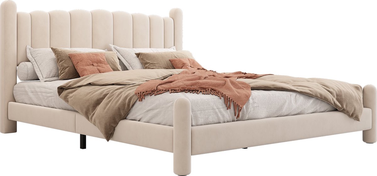 Merax Gestoffeerd Bed 180x200 cm – Kingsize Tweepersoonsbed van Fluweel met Elegant Hoofdbord en Lattenbodem – Beige