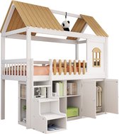 Bol.com Merax Hoogslaper 90x200 cm met Opbergruimte in Huisvorm - Houten Bed met Kledingkast en Raam - Wit met Bruin aanbieding