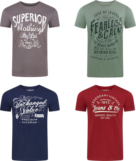 Collage van vier T-shirts met verschillende prints
