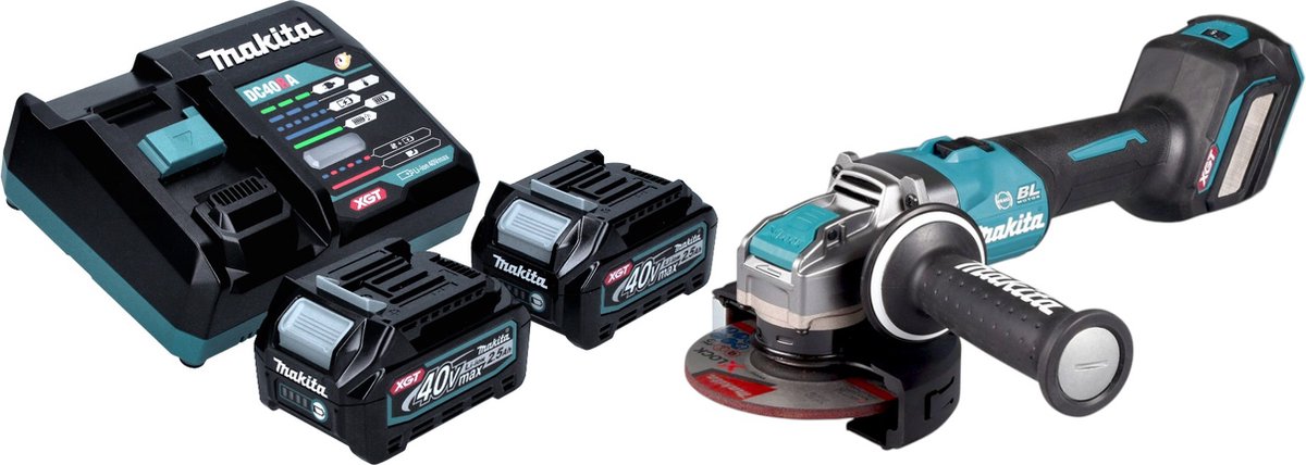 Makita GA 041 GD201 Accu haakse slijper 40 V max. 125 mm X-LOCK Brushless + 2x accu 2,5 Ah + lader