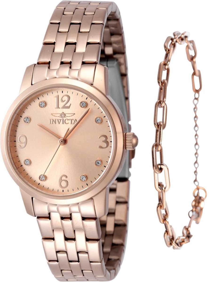 Invicta Angel 48257 Dames Horloge - Waterdicht - Analoog - Quartz Uurwerk - Roestvrij Staal met rosegouden Wijzerplaat - 32mm
