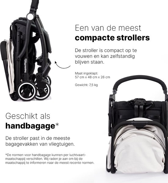 Ingeklapte zwarte buggy, 57x48x26cm, geschikt als handbagage.