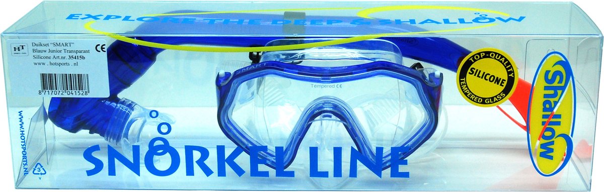 Shallow duikset voor kinderen - silicone snorkelset blauw transparant.