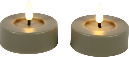 Set van 2 rustieke, beige LED theelichtjes met warm wit flakkerend licht.