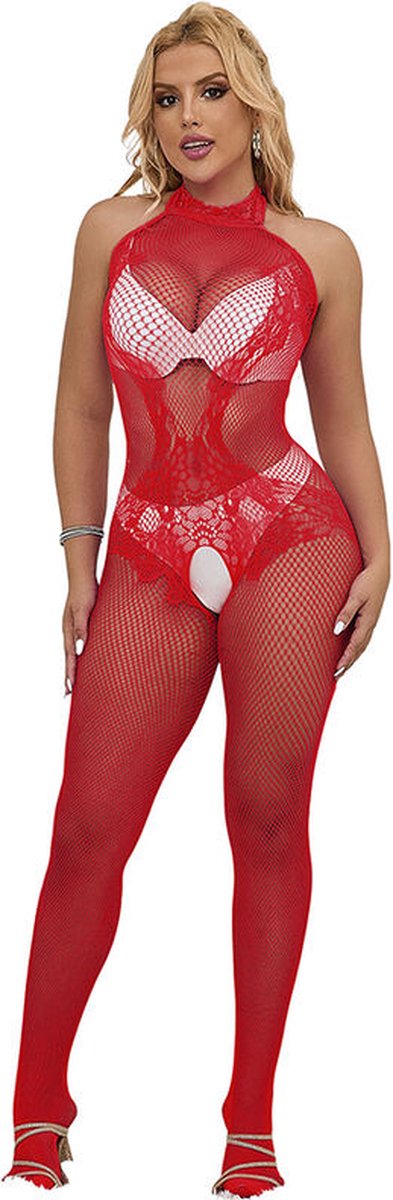 Goedkoopste SUBBLIME - 952372 VISNET EN KANTEN KRUISLOZE BODYSTOCKING MET HOGE HALS ROOD ONE SIZE | CATSUIT | EROTISCHE CATSUIT | LINGERIE | SEXY LINGERIE