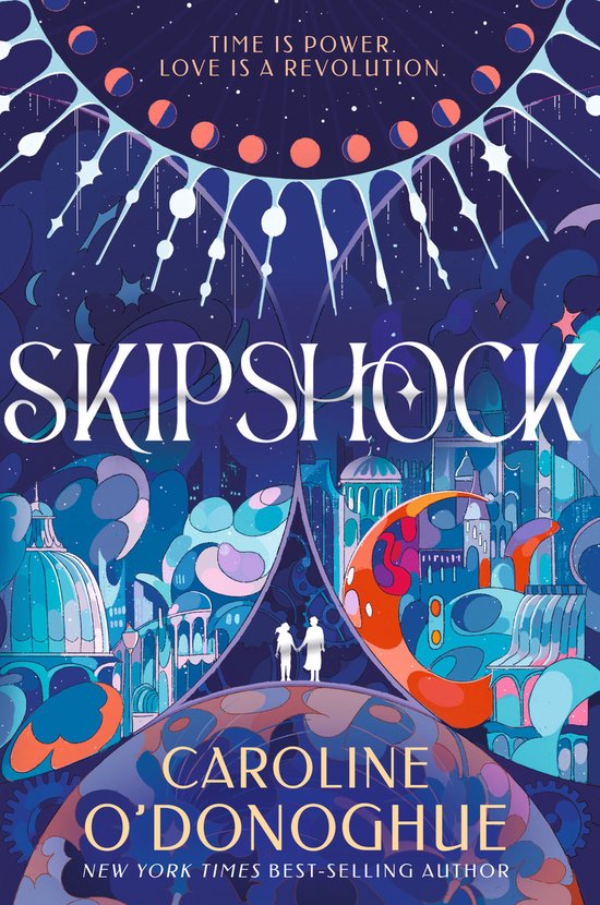 Boekomslag van Skipshock, met een futuristische stad bij nacht, twee silhouetten op een platform en de tekst 'TIME IS POWER. LOVE IS A REVOLUTION.'