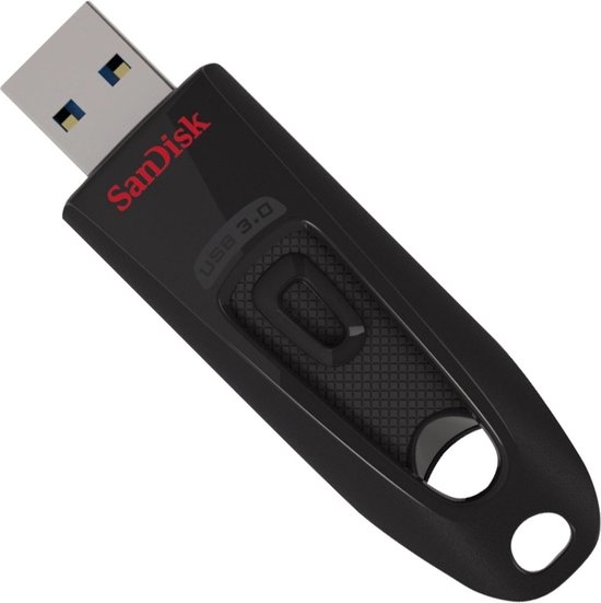 Zwarte SanDisk USB 3.0 stick met rubberen grip, rode logo en sleutelring.