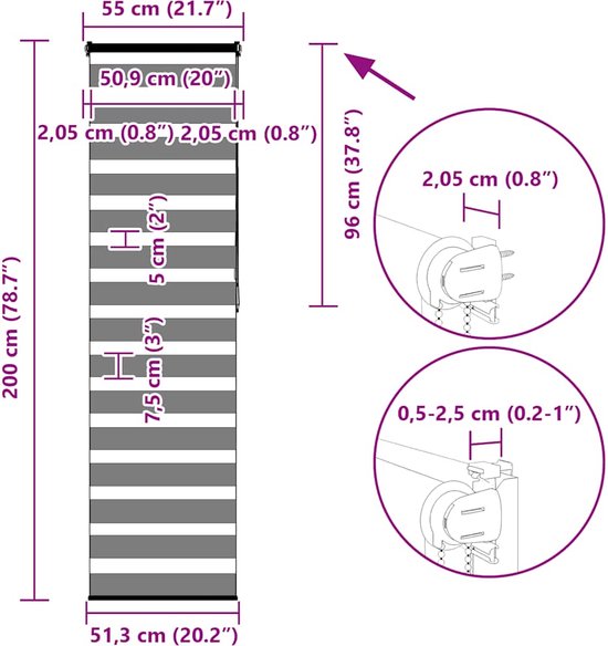 vidaXL - Store enrouleur Zebra - 55x200 - cm - largeur du tissu - 50,9 - cm - polyester - blanc