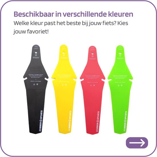 Vier fietsspatborden in het zwart, geel, rood en groen met 'JOBBER SPORTS' logo.
