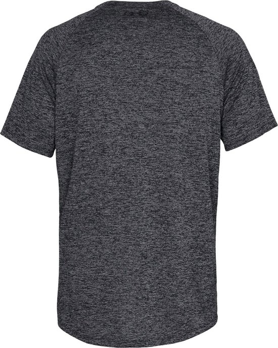 Zwart gemêleerd sportshirt met korte mouwen, achterkant.