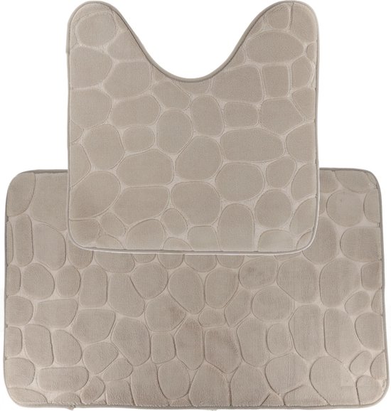 Tendance Badkamer Matten set Pebble - toilet en bad mat - taupe - memory foam - microfiber