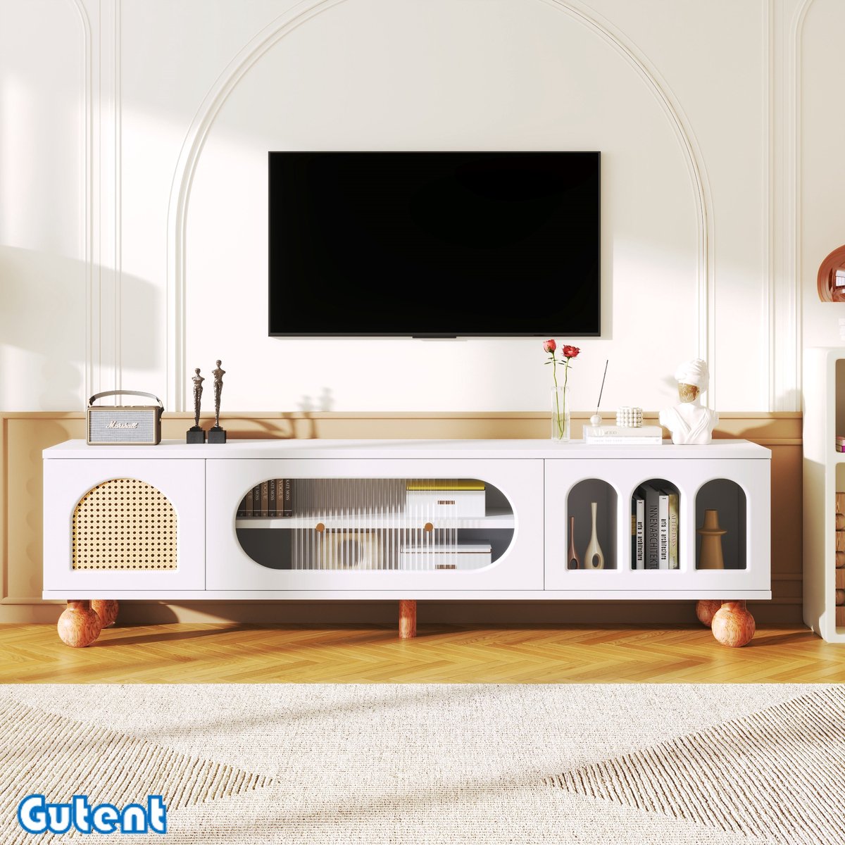 Gutent TV-kast-met-Rotan deuren-Schuifdeuren-Glas design-Wit