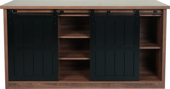 Bruine dressoirkast met houtlook, zwarte schuifdeuren en open vakken.