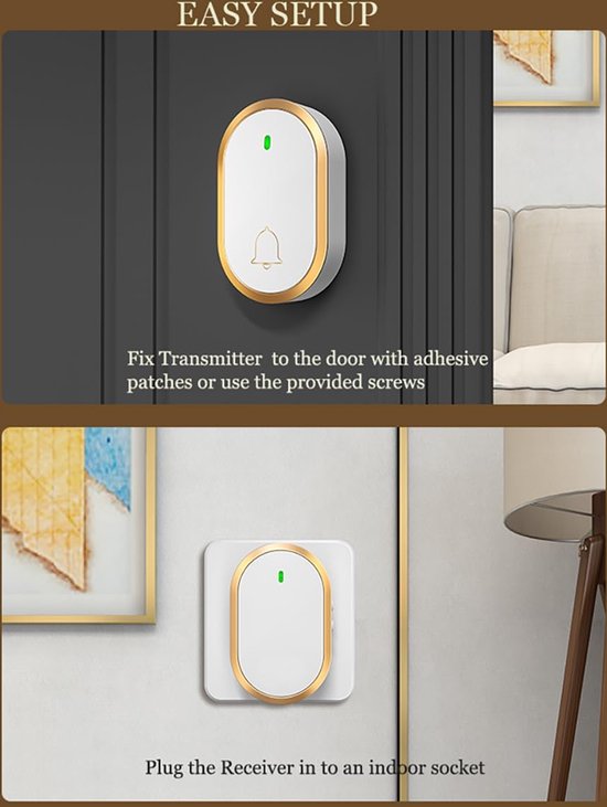 Draadloze deurbel-Bereik 300 meter-IP44 waterdicht-60 melodieën-LED-indicator-Deurbel voor thuis-Eenvoudig te installeren-Lange batterijduur-Wit+Goud — afbeelding 4