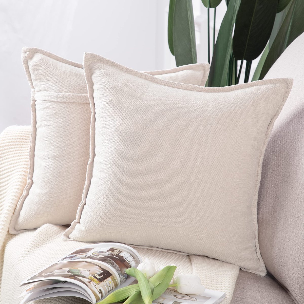 La'Moussawi ® Set van 2 Luxe Zachte Sierkussenhoezen voor Bank en Slaapkamer, Crèmewit, 40 x 40 cm