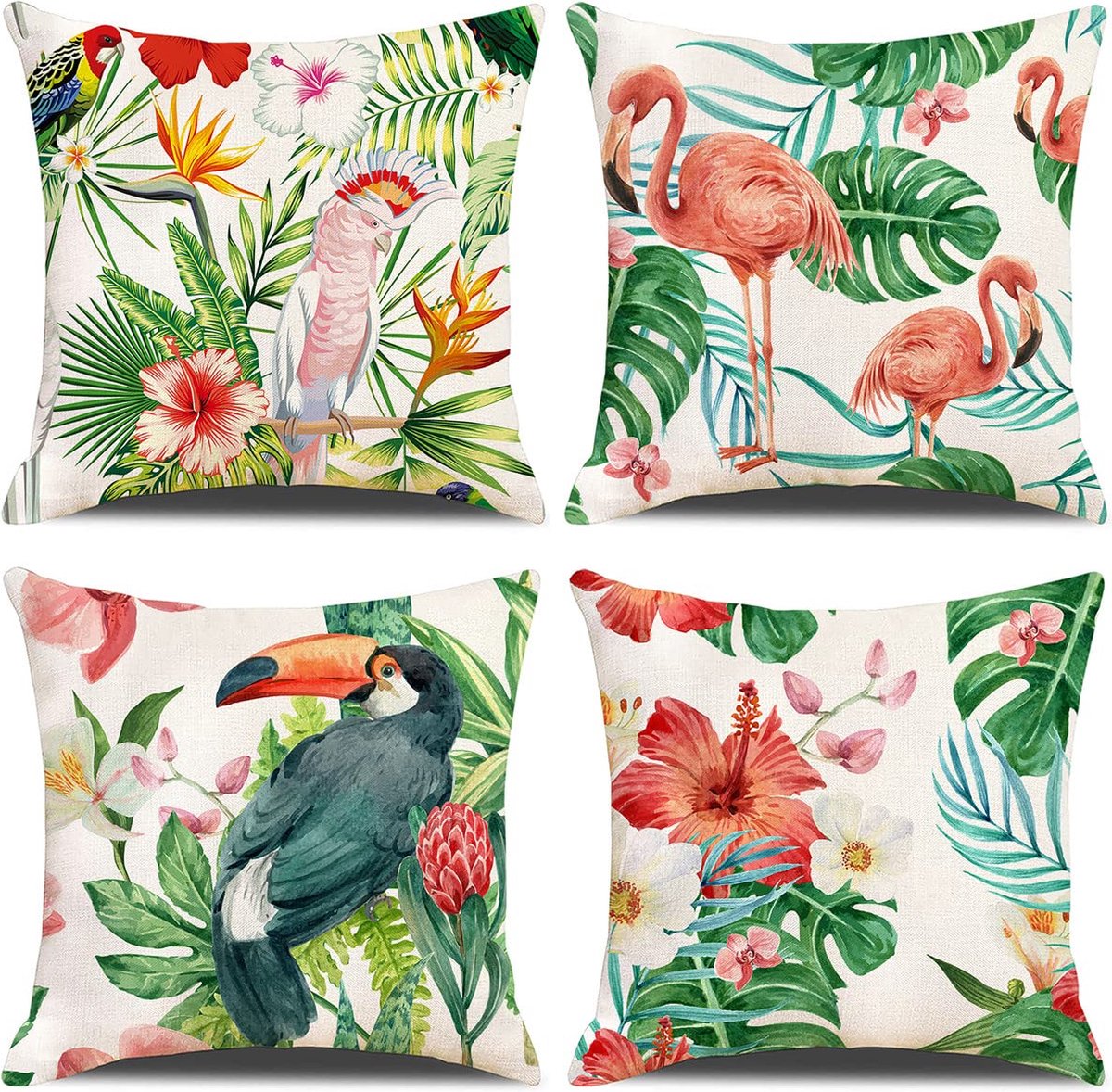 La'Moussawi ® Set van 4 Stijlvolle Kussenovertrekken met Zomerprint, Groene Bladeren en Flamingo's, 45 x 45 cm