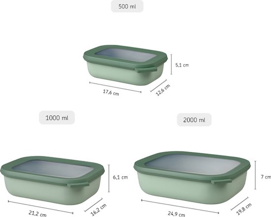 Trois boîtes de conservation vert pâle avec couvercles transparents, dimensions 17,6x12,6x5,1cm, 21,2x16,2x6,1cm et 24,9x19,8x7cm.