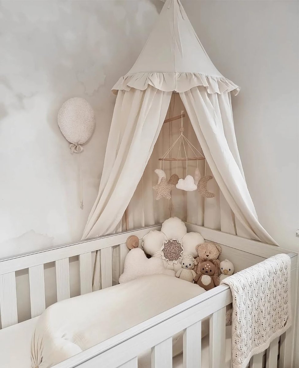 Space Kinderbedhemel met ruches, pastelneutrale kleur voor jongens en meisjes, hangend gordijn klamboe voor kinderkamer babybed peuterbed leeshoekdecoratie (crème)