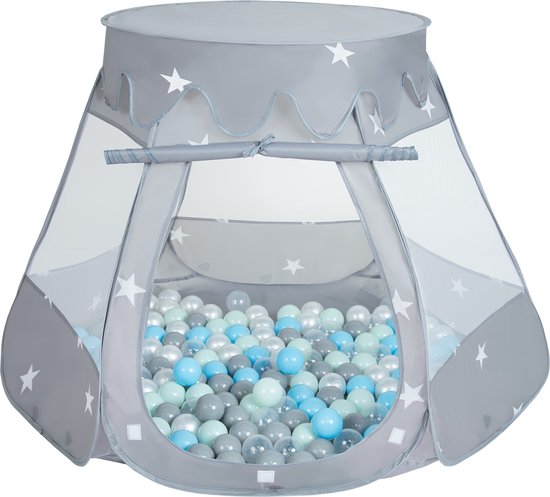 Selonis Speeltent voor kinderen met 100 ballen 105x90cm - Ballenbak Ballen - Speelhuisje binnen - Speelhuis kinderen - Ballenbak tent baby - Ballenbaktent - Grau: Perlegrijs, Transparant, Babyblauw, Mint