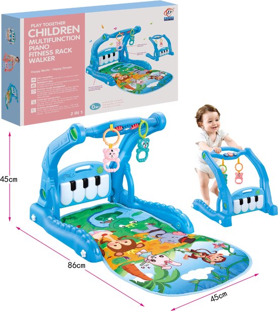 Buxibo 2in1 Babygym/Baby Walker - Piano Speelmat voor Baby's - Muziek Speelkleed met Ratelaar en Spiegel - Blauw van Buxibo — afbeelding 2