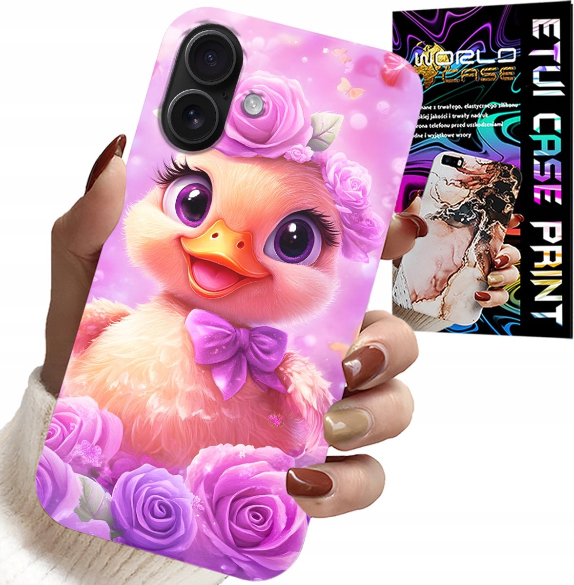 HOESJE VOOR IPHONE 16 PLUS - SCHATTIG EENDJE OP EEN ROZE ACHTERGROND